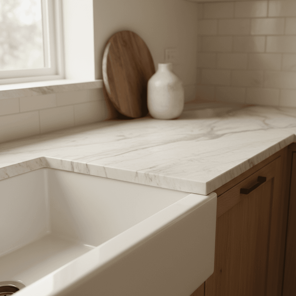 Marble kitchen countertop with visible veining in Ashburn home