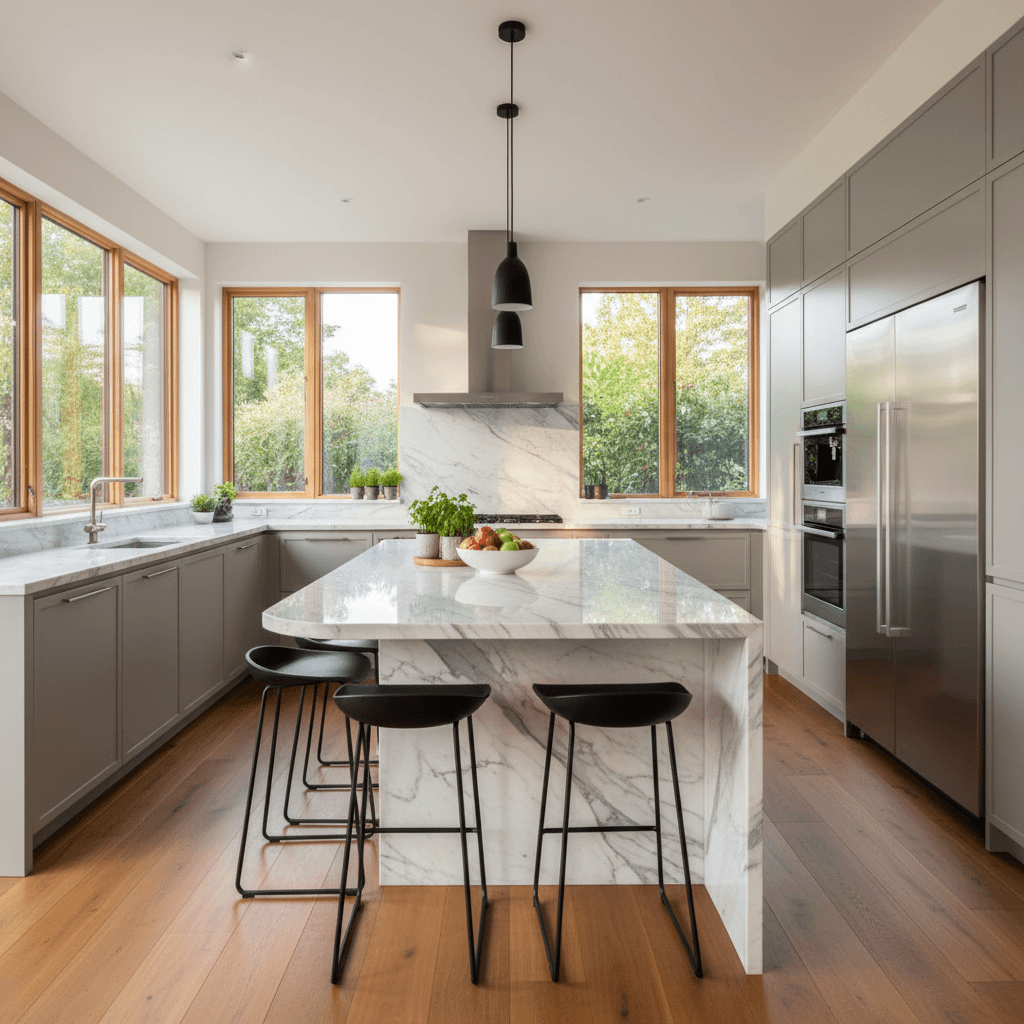 Modern kitchen featuring a marble waterfall island, grey cabinets, and large windows overlooking greenery.