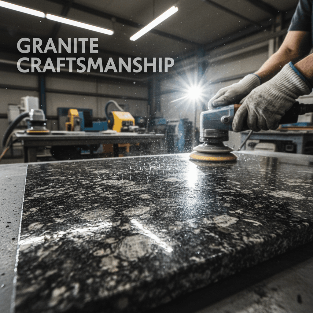 Hands on a polished marble slab in a workshop