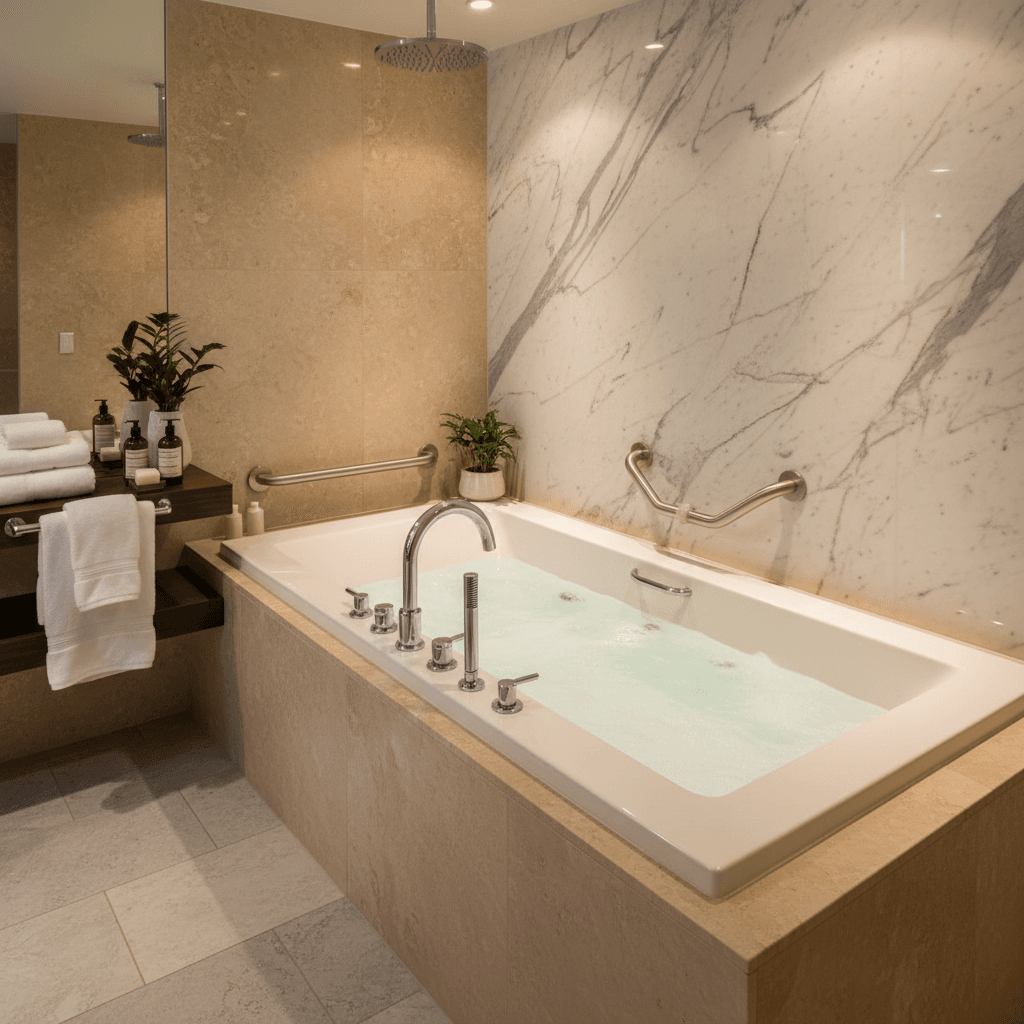 Luxury spa-like bathroom with hydromassage tub, marble surfaces, premium fixtures, and accessible design features