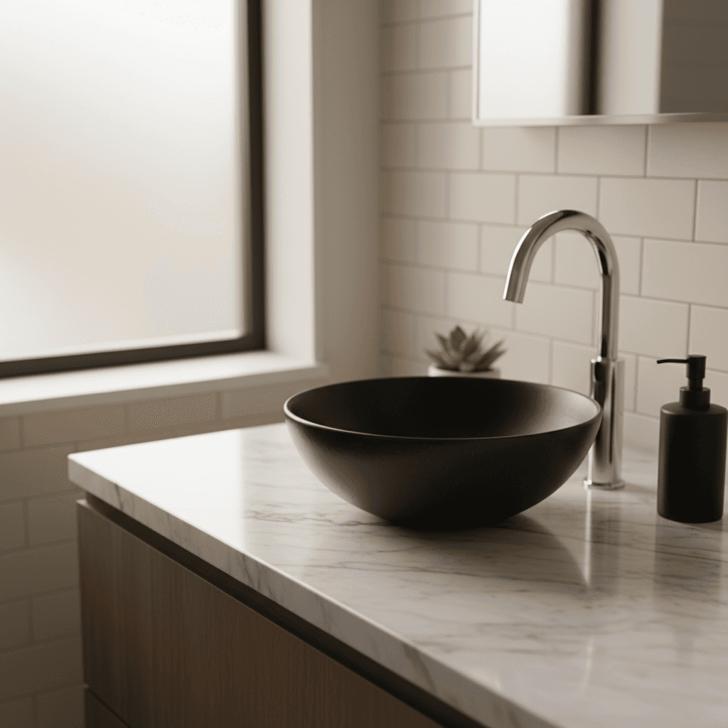 Quartz bathroom vanity with integrated sink basin