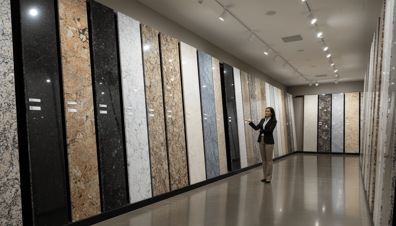 Professional standing in expansive stone showroom with towering walls of granite and marble slabs in varied colors and finishes