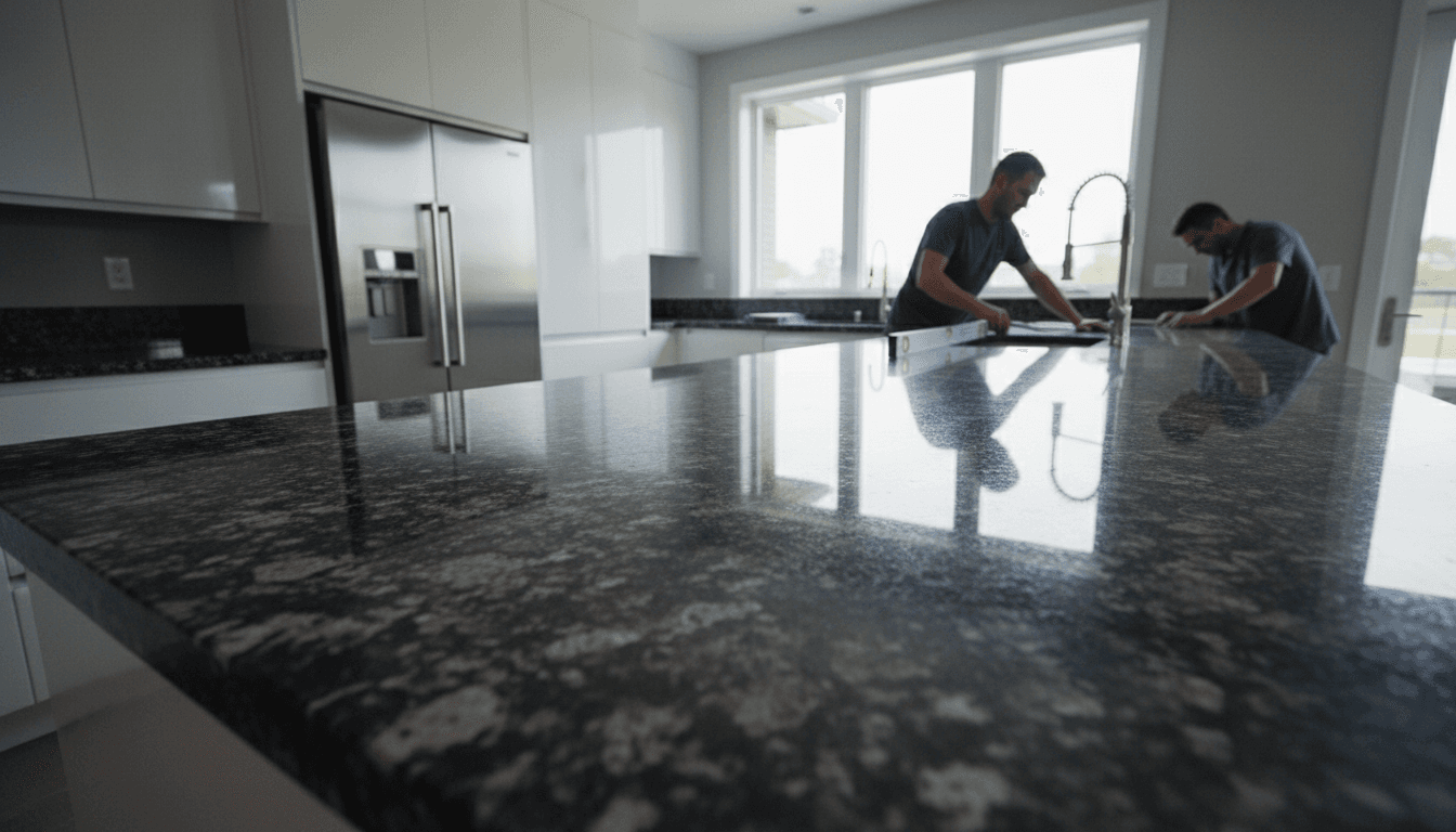 Professional granite countertop installation in modern kitchen, showing multi-person team installing dark speckled stone surface along cabinet perimeter
